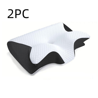 Butterfly-shaped memory foam pillow set (2 pieces) in black and white, angled view.