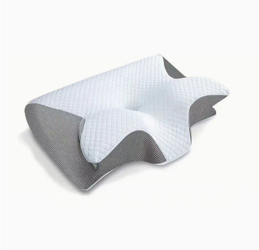 Single butterfly-shaped memory foam pillow in gray and white, angled studio view.