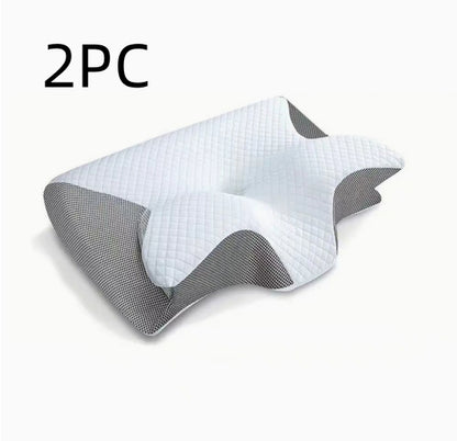 Butterfly-shaped memory foam pillow set (2 pieces) in black and white, close angled view.