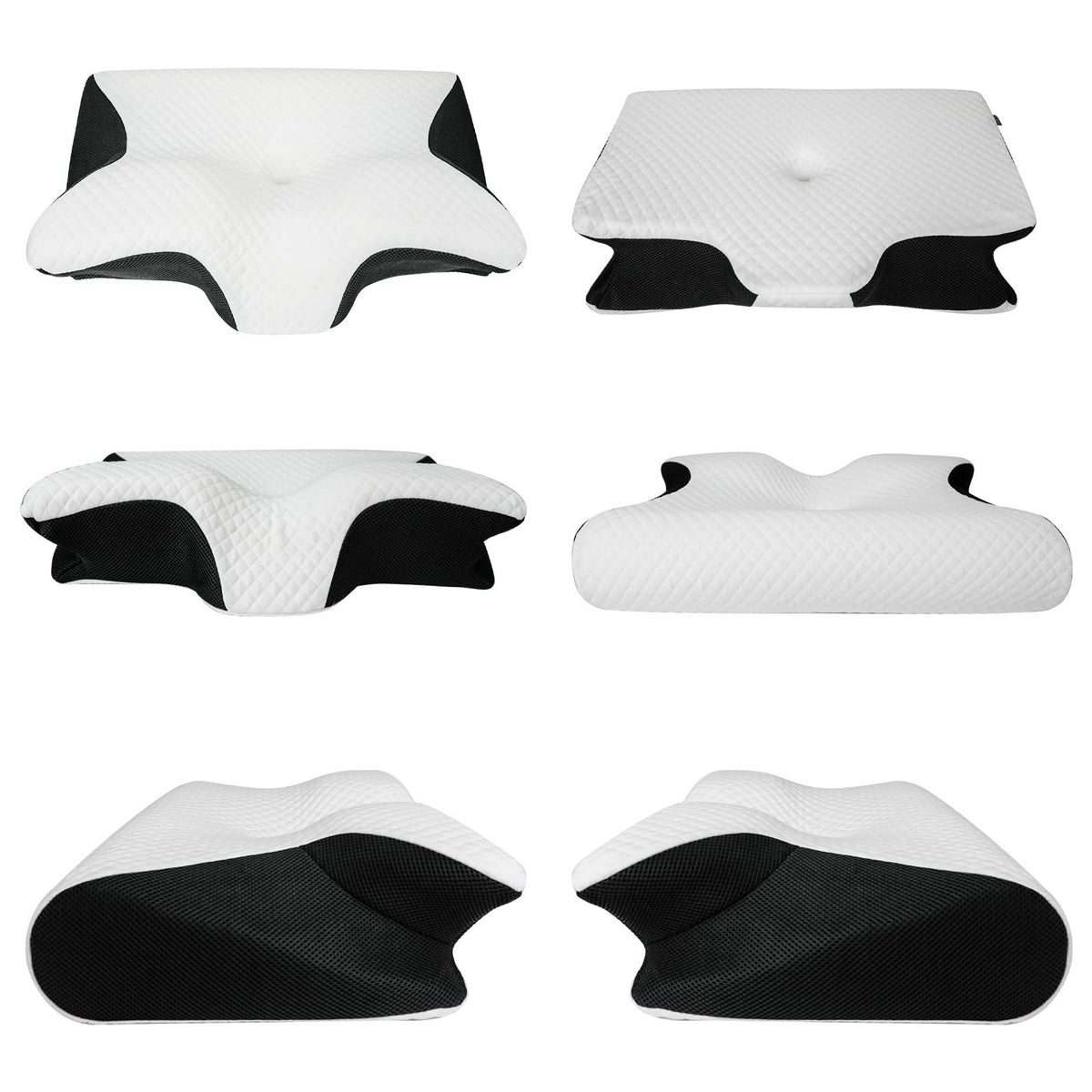 Six-angle turnaround of the pillow showing the top, side, back, and contoured shape from multiple views.