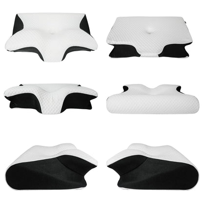 Six-angle turnaround of the pillow showing the top, side, back, and contoured shape from multiple views.