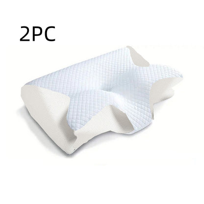 Butterfly-shaped memory foam pillow set (2 pieces) in white and light gray, angled view.