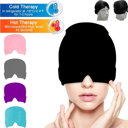 Cooling gel head wrap shown with hot and cold therapy instructions and color swatches in pink, gray, purple, and blue.