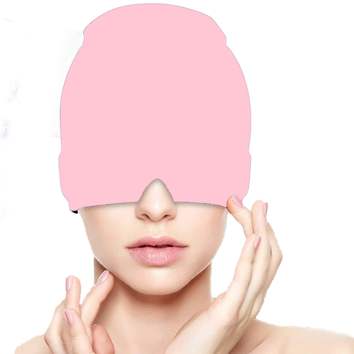 Close-up of the pink cooling gel head wrap worn over the head and eyes.