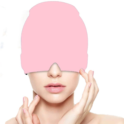Close-up of the pink cooling gel head wrap worn over the head and eyes.