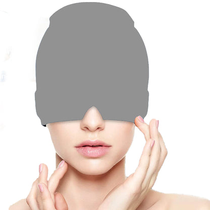 Close-up of the gray cooling gel head wrap worn over the head and eyes.