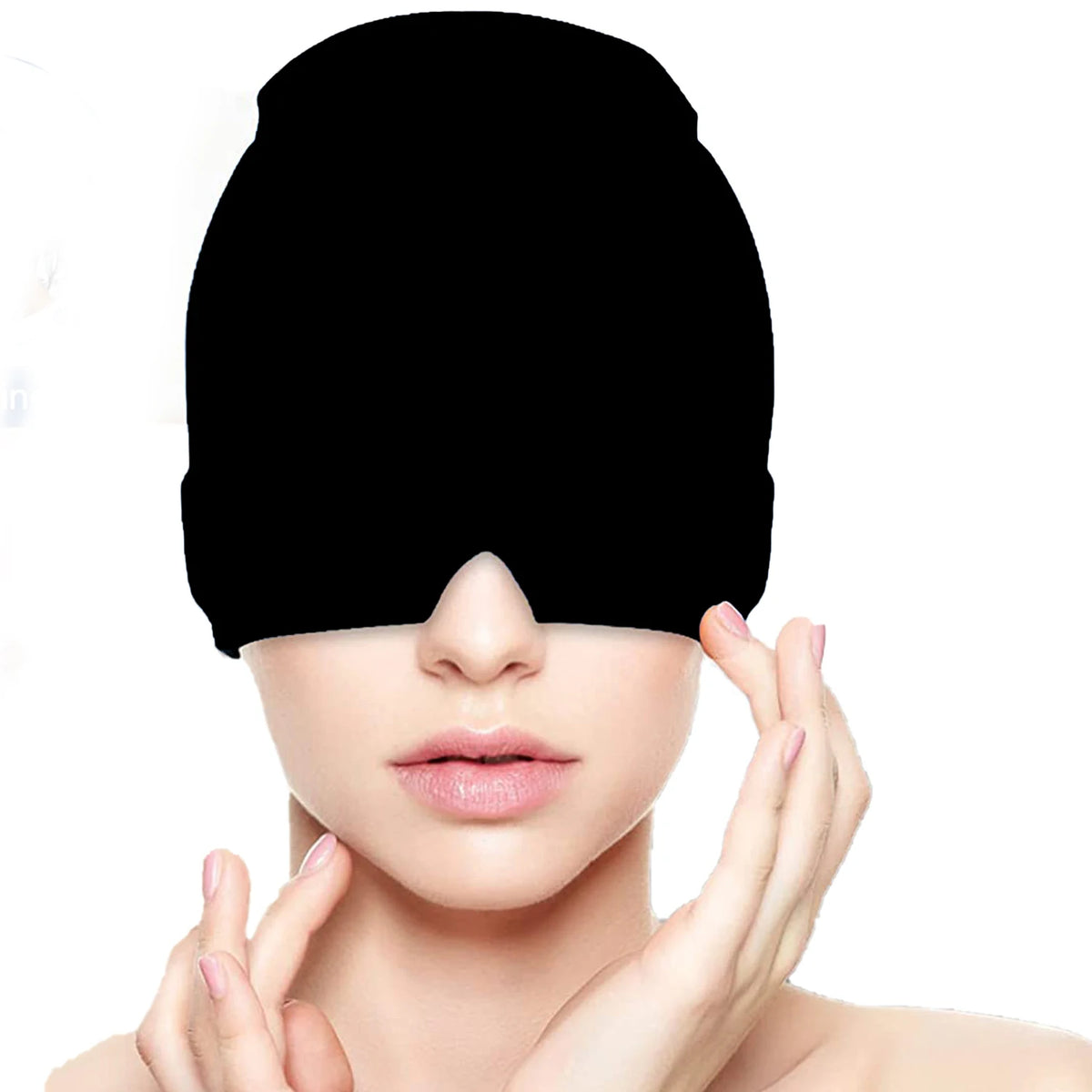 Close-up of the black cooling gel head wrap worn over the head and eyes.