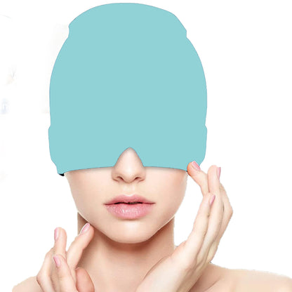 Close-up of the blue cooling gel head wrap worn over the head and eyes.