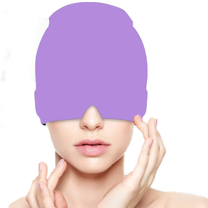 Close-up of the purple cooling gel head wrap worn over the head and eyes.