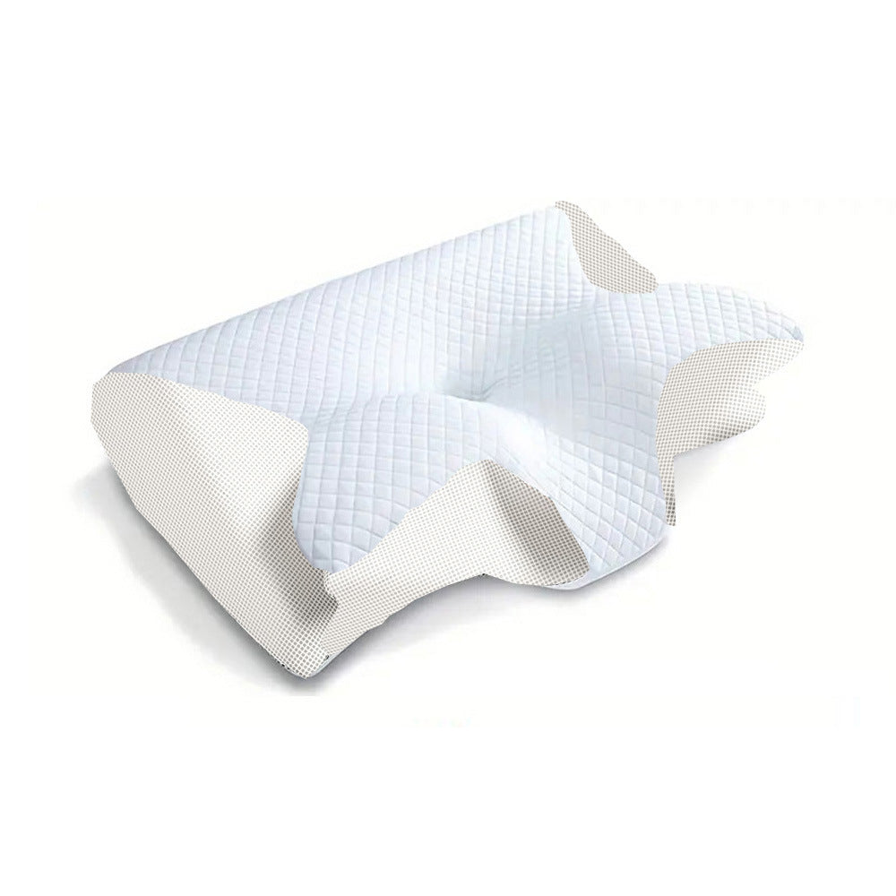 Single butterfly-shaped memory foam pillow in white and light gray, angled studio view.