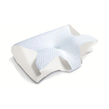 Single butterfly-shaped memory foam pillow in white and light gray, angled studio view.