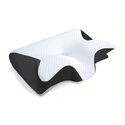 Single butterfly-shaped memory foam pillow in black and white, angled studio view.